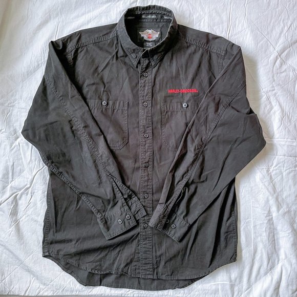 Harley Davidson Work Shirt Mens L Button-Down Long Sleeve Black Red Embroidered - Picture 4 of 11